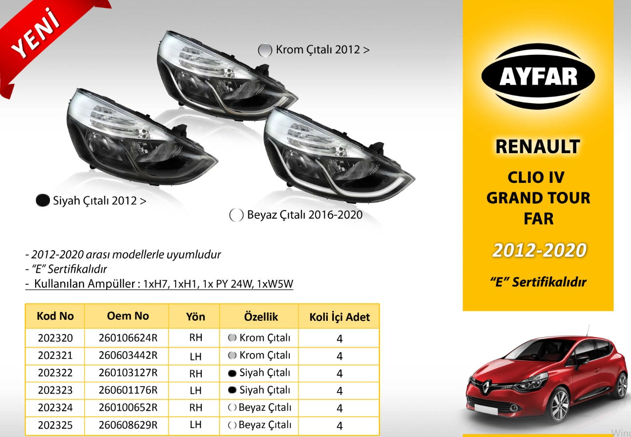 RENAULT CLİO HATCHBACK BEYAZ ÇITALI SAĞ FAR(2016-2020)